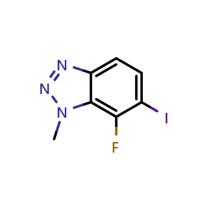 Chemical structure of 7-fluoro-6-iodo-1-methyl-1H-benzo[d][1,2,3]triazole , CAS 2751777-27-0, AChemBlock U142452