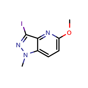Chemical structure of 3-iodo-5-methoxy-1-methyl-1H-pyrazolo[4,3-b]pyridine , CAS 2748262-84-0, AChemBlock U142455