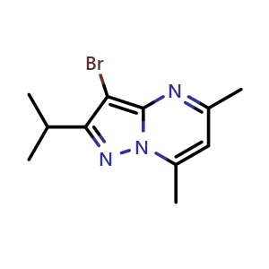 Chemical structure of 3-bromo-2-isopropyl-5,7-dimethylpyrazolo[1,5-a]pyrimidine , CAS 2748288-85-7, AChemBlock U142468