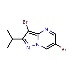 Chemical structure of 3,6-dibromo-2-isopropylpyrazolo[1,5-a]pyrimidine , CAS 2740361-39-9, AChemBlock U142508