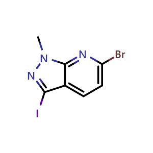 Chemical structure of 6-bromo-3-iodo-1-methyl-1H-pyrazolo[3,4-b]pyridine , CAS 2748288-95-9, AChemBlock U142517