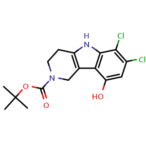 Chemical structure of 2-Boc-6,7-dichloro-9-hydroxy-2,3,4,5-tetrahydro-1H-pyrido[4,3-b]indole , CAS 2369752-69-0, AChemBlock U142519