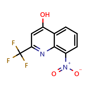 Chemical structure of 8-nitro-2-(trifluoromethyl)quinolin-4-ol , CAS 2741881-00-3, AChemBlock U142573