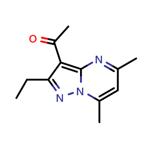 Chemical structure of 1-(2-ethyl-5,7-dimethylpyrazolo[1,5-a]pyrimidin-3-yl)ethan-1-one , CAS 2749347-42-8, AChemBlock U142592