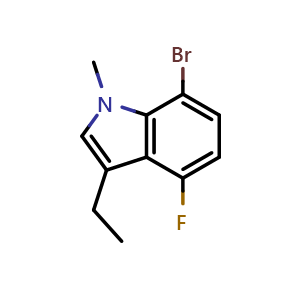 Chemical structure of 7-bromo-3-ethyl-4-fluoro-1-methyl-1H-indole , CAS 2744406-22-0, AChemBlock U142611