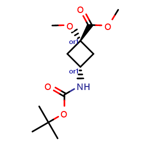Chemical structure of methyl trans-3-(tert-butoxycarbonylamino)-1-methoxy-cyclobutanecarboxylate , CAS 2725791-11-5, AChemBlock U142651