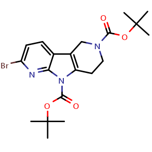 Chemical structure of 6,9-Bis(Boc)-2-bromo-6,7,8,9-tetrahydro-5H-pyrrolo[2,3-b:4,5-c']dipyridine , CAS 2840167-69-1, AChemBlock U142678