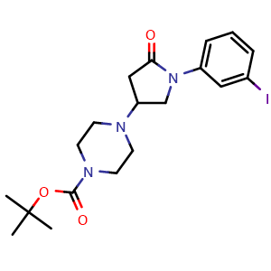 Chemical structure of 4-(4-Boc-1-piperazinyl)-1-(3-iodophenyl)-2-pyrrolidinone , CAS 2306369-80-0, AChemBlock U142704