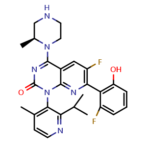 Chemical structure of 6-fluoro-7-(2-fluoro-6-hydroxyphenyl)-1-(2-isopropyl-4-methylpyridin-3-yl)-4-((S)-2-methylpiperazin-1-yl)pyrido[2,3-d]pyrimidin-2(1H)-one , CAS 2484718-65-0, AChemBlock U142760