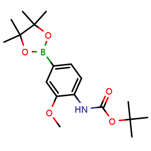 Chemical structure of tert-butyl (2-methoxy-4-(4,4,5,5-tetramethyl-1,3,2-dioxaborolan-2-yl)phenyl)carbamate , CAS 262433-02-3, AChemBlock V142784
