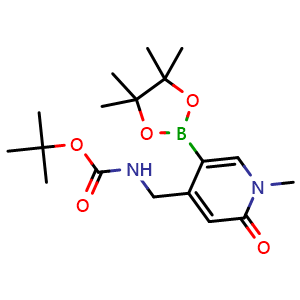 Chemical structure of tert-butyl ((1-methyl-2-oxo-5-(4,4,5,5-tetramethyl-1,3,2-dioxaborolan-2-yl)-1,2-dihydropyridin-4-yl)methyl)carbamate , CAS 2226649-98-3, AChemBlock V142799