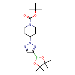 Chemical structure of tert-butyl 4-(4-(4,4,5,5-tetramethyl-1,3,2-dioxaborolan-2-yl)-2H-1,2,3-triazol-2-yl)piperidine-1-carboxylate , CAS 1415312-25-2, AChemBlock V142808