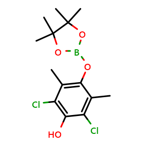 Chemical structure of 2,6-dichloro-3,5-dimethyl-4-((4,4,5,5-tetramethyl-1,3,2-dioxaborolan-2-yl)oxy)phenol , AChemBlock V142825
