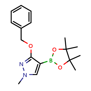 Chemical structure of 3-(benzyloxy)-1-methyl-4-(4,4,5,5-tetramethyl-1,3,2-dioxaborolan-2-yl)-1H-pyrazole , CAS 1401817-40-0, AChemBlock V142838