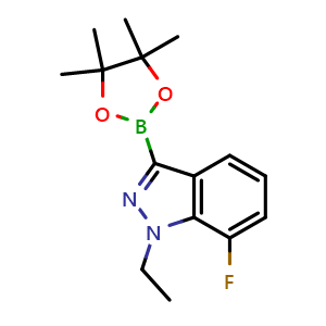 Chemical structure of 1-ethyl-7-fluoro-3-(4,4,5,5-tetramethyl-1,3,2-dioxaborolan-2-yl)-1H-indazole , AChemBlock V142840