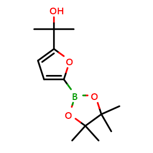 Chemical structure of 2-(5-(4,4,5,5-tetramethyl-1,3,2-dioxaborolan-2-yl)furan-2-yl)propan-2-ol , CAS 2223030-67-7, AChemBlock V142844