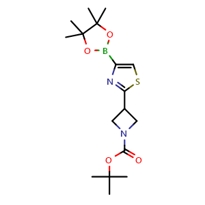Chemical structure of tert-butyl 3-(4-(4,4,5,5-tetramethyl-1,3,2-dioxaborolan-2-yl)thiazol-2-yl)azetidine-1-carboxylate , CAS 2223049-14-5, AChemBlock V142845