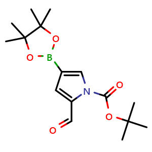 Chemical structure of tert-butyl 2-formyl-4-(4,4,5,5-tetramethyl-1,3,2-dioxaborolan-2-yl)-1H-pyrrole-1-carboxylate , CAS 1107645-07-7, AChemBlock V142862