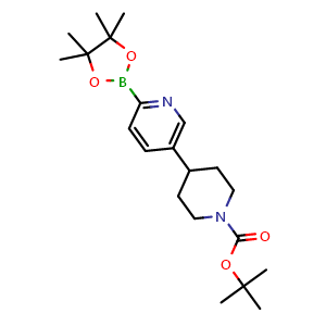 Chemical structure of tert-butyl 4-(6-(4,4,5,5-tetramethyl-1,3,2-dioxaborolan-2-yl)pyridin-3-yl)piperidine-1-carboxylate , CAS 2223054-20-2, AChemBlock V142869