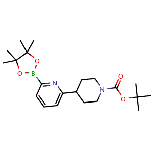 Chemical structure of tert-butyl 4-(6-(4,4,5,5-tetramethyl-1,3,2-dioxaborolan-2-yl)pyridin-2-yl)piperidine-1-carboxylate , CAS 1402238-10-1, AChemBlock V142870