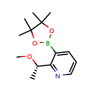 Chemical structure of (S)-2-(1-methoxyethyl)-3-(4,4,5,5-tetramethyl-1,3,2-dioxaborolan-2-yl)pyridine , CAS 2641451-45-6, AChemBlock V142878