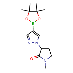 Chemical structure of 1-methyl-3-(4-(4,4,5,5-tetramethyl-1,3,2-dioxaborolan-2-yl)-1H-pyrazol-1-yl)pyrrolidin-2-one , CAS 1394904-23-4, AChemBlock V142896