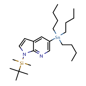 Chemical structure of 1-(tert-Butyldimethylsilyl)-5-(tributylstannyl)-7-azaindole , CAS 754214-65-8, AChemBlock V142911