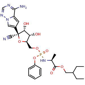 Chemical structure of 2-ethylbutyl ((((2R,3S,4R,5R)-5-(4-aminopyrrolo[2,1-f][1,2,4]triazin-6-yl)-5-cyano-3,4-dihydroxytetrahydrofuran-2-yl)methoxy)(phenoxy)phosphoryl)-L-alaninate , CAS 1809249-37-3, AChemBlock V142915