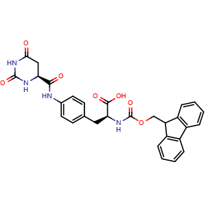 Chemical structure of (S)-2-((((9H-Fluoren-9-yl)methoxy)carbonyl)amino)-3-(4-((s)-2,6-dioxohexahydropyrimidine-4-carboxamido)phenyl)propanoic acid , CAS 1253282-31-3, AChemBlock V142928