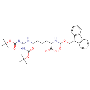 Chemical structure of (2S)-6-[((Z)-[(tert-butoxycarbonyl)amino]{[(Z)-tert-butoxy(oxo)methyl]imino}methyl)amino]-2-{[(9H-fluoren-9-ylmethoxy)carbonyl]amino}hexanoic acid , CAS 158478-81-0, AChemBlock V142929