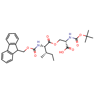 Chemical structure of (2S)-2-[(tert-butoxycarbonyl)amino]-3-[((2S,3S)-2-{[(9H-fluoren-9-ylmethoxy)carbonyl]amino}-3-methylpentanoyl)oxy]propanoic acid , CAS 944283-10-7, AChemBlock V142938
