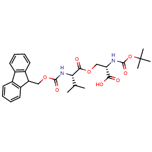 Chemical structure of (2S)-2-[(tert-butoxycarbonyl)amino]-3-[((2S)-2-{[(9H-fluoren-9-ylmethoxy)carbonyl]amino}-3-methylbutanoyl)oxy]propanoic acid , CAS 944283-08-3, AChemBlock V142940
