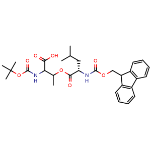 Chemical structure of N-[(9H-Fluoren-9-ylmethoxy)carbonyl]-L-leucine 2-carboxy-2-[[(1,1-dimethylethoxy)carbonyl]amino]-1-methylethyl ester , CAS 944283-26-5, AChemBlock V142942