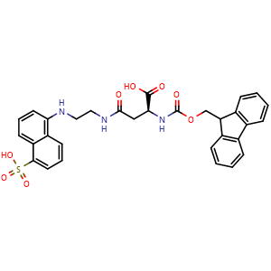 Chemical structure of (2S)-2-{[(9H-fluoren-9-ylmethoxy)carbonyl]amino}-4-oxo-4-({2-[(5-sulfo-1-naphthyl)amino]ethyl}amino)butanoic acid , CAS 182253-73-2, AChemBlock V142948