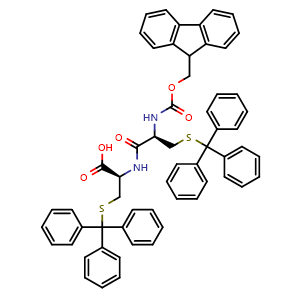 Chemical structure of (2R)-2-[(2R)-2-({[(9H-fluoren-9-yl)methoxy]carbonyl}amino)-3-[(triphenylmethyl)sulfanyl]propanamido]-3-[(triphenylmethyl)sulfanyl]propanoic acid , CAS 2244048-21-1, AChemBlock V142949