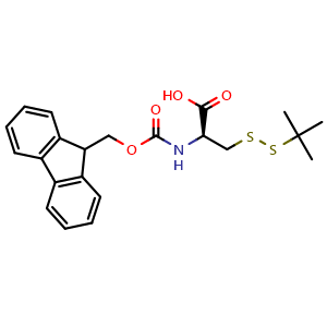 Chemical structure of (2S)-3-(tert-butyldisulfanyl)-2-{[(9H-fluoren-9-ylmethoxy)carbonyl]amino}propanoic acid , CAS 501326-55-2, AChemBlock V142951