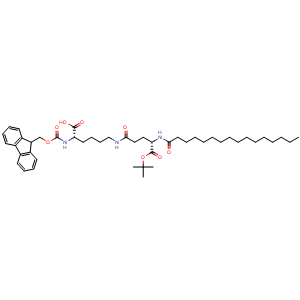 Chemical structure of (2S)-6-[(4S)-5-(tert-butoxy)-4-hexadecanamido-5-oxopentanamido]-2-({[(9H-fluoren-9-yl)methoxy]carbonyl}amino)hexanoic acid , CAS 1491158-62-3, AChemBlock V142952