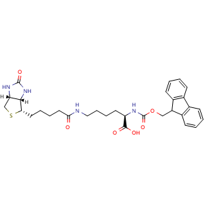Chemical structure of (2R)-6-({5-[(3aS,4S,6aR)-2-oxohexahydro-1H-thieno[3,4-d]imidazol-4-yl]pentanoyl}amino)-2-{[(9H-fluoren-9-ylmethoxy)carbonyl]amino}hexanoic acid , CAS 110990-09-5, AChemBlock V142953