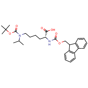 Chemical structure of (2R)-6-{[(tert-butoxy)carbonyl](propan-2-yl)amino}-2-({[(9H-fluoren-9-yl)methoxy]carbonyl}amino)hexanoic acid , CAS 1313054-37-3, AChemBlock V142954
