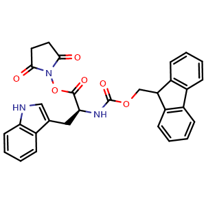 Chemical structure of 2,5-dioxopyrrolidin-1-yl (2S)-2-({[(9H-fluoren-9-yl)methoxy]carbonyl}amino)-3-(1H-indol-3-yl)propanoate , CAS 84771-20-0, AChemBlock V142959