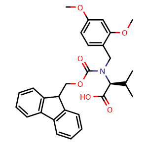 Chemical structure of (2S)-2-{[(2,4-dimethoxyphenyl)methyl]({[(9H-fluoren-9-yl)methoxy]carbonyl})amino}-3-methylbutanoic acid , CAS 2415398-04-6, AChemBlock V142963