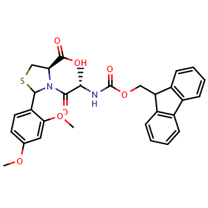 Chemical structure of (4R)-2-(2,4-dimethoxyphenyl)-3-[(2S)-2-({[(9H-fluoren-9-yl)methoxy]carbonyl}amino)propanoyl]-1,3-thiazolidine-4-carboxylic acid , CAS 2022956-37-0, AChemBlock V142965