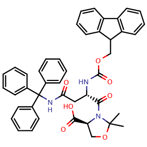 Chemical structure of (4S)-3-[(2S)-2-({[(9H-fluoren-9-yl)methoxy]carbonyl}amino)-3-[(triphenylmethyl)carbamoyl]propanoyl]-2,2-dimethyl-1,3-oxazolidine-4-carboxylic acid , CAS 920519-33-1, AChemBlock V142968