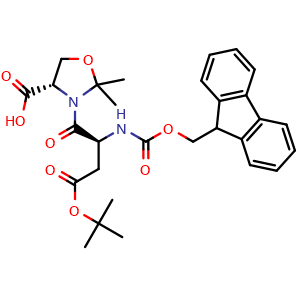 Chemical structure of (4S)-3-[(2S)-4-(tert-butoxy)-2-({[(9H-fluoren-9-yl)methoxy]carbonyl}amino)-4-oxobutanoyl]-2,2-dimethyl-1,3-oxazolidine-4-carboxylic acid , CAS 955048-92-7, AChemBlock V142969