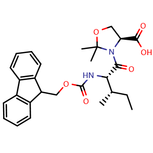 Chemical structure of (4S)-3-[(2S,3S)-2-({[(9H-fluoren-9-yl)methoxy]carbonyl}amino)-3-methylpentanoyl]-2,2-dimethyl-1,3-oxazolidine-4-carboxylic acid , CAS 1147996-34-6, AChemBlock V142976