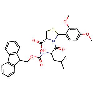 Chemical structure of (4R)-2-(2,4-dimethoxyphenyl)-3-[(2S)-2-({[(9H-fluoren-9-yl)methoxy]carbonyl}amino)-4-methylpentanoyl]-1,3-thiazolidine-4-carboxylic acid , CAS 1926163-06-5, AChemBlock V142978
