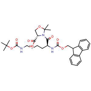 Chemical structure of (4S)-3-[(2S)-6-{[(tert-butoxy)carbonyl]amino}-2-({[(9H-fluoren-9-yl)methoxy]carbonyl}amino)hexanoyl]-2,2-dimethyl-1,3-oxazolidine-4-carboxylic acid , CAS 957780-54-0, AChemBlock V142980