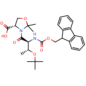 Chemical structure of (4S)-3-[(2S,3R)-3-(tert-butoxy)-2-({[(9H-fluoren-9-yl)methoxy]carbonyl}amino)butanoyl]-2,2-dimethyl-1,3-oxazolidine-4-carboxylic acid , CAS 1425938-63-1, AChemBlock V142982