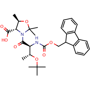 Chemical structure of (4S,5R)-3-[(2S,3R)-3-(tert-butoxy)-2-({[(9H-fluoren-9-yl)methoxy]carbonyl}amino)butanoyl]-2,2,5-trimethyl-1,3-oxazolidine-4-carboxylic acid , CAS 1676104-73-6, AChemBlock V142983