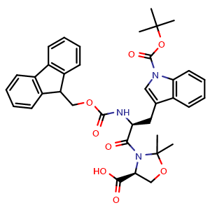 Chemical structure of (4S)-3-[(2S)-3-{1-[(tert-butoxy)carbonyl]-1H-indol-3-yl}-2-({[(9H-fluoren-9-yl)methoxy]carbonyl}amino)propanoyl]-2,2-dimethyl-1,3-oxazolidine-4-carboxylic acid , CAS 908601-15-0, AChemBlock V142985